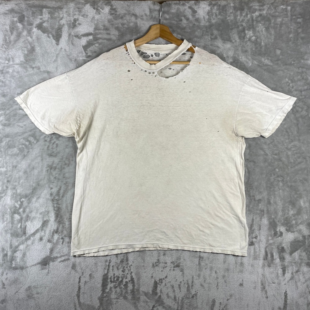 Vintage Hanes T-Shirt Mens XL White Distressed Thrashed Y2K Smoked Out Faded